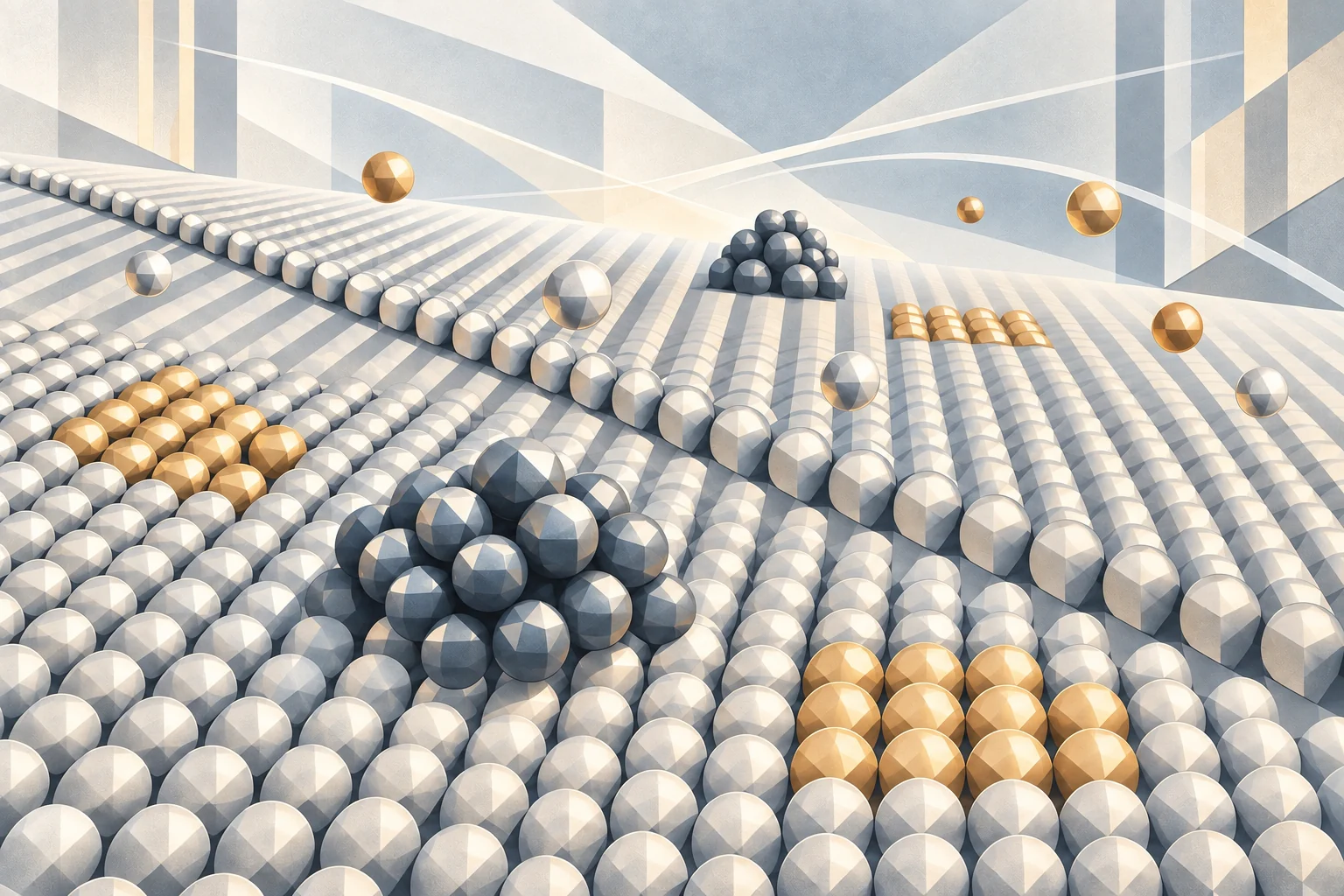 Art Deco–Cubist artwork of catalyst particles evolving across a material surface