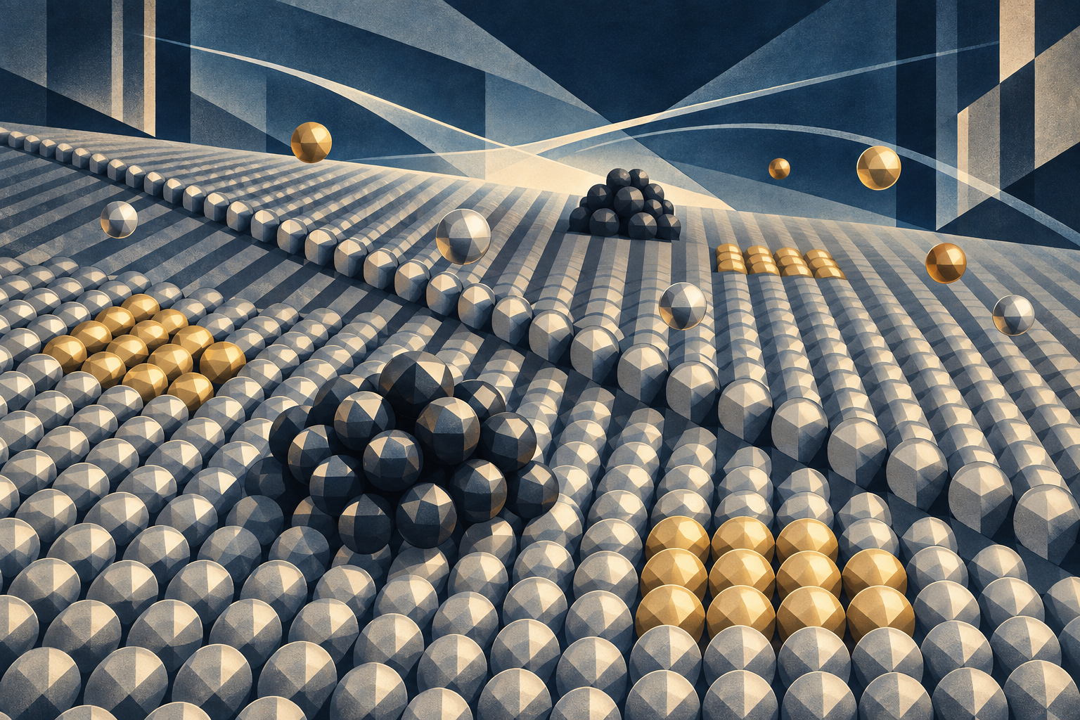 Art Deco–Cubist artwork of catalyst particles evolving across a material surface