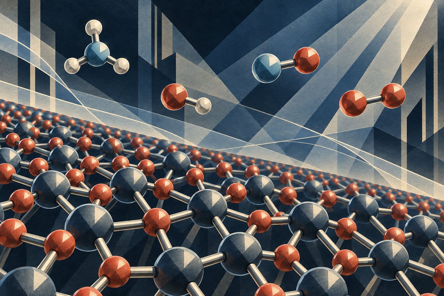 Art Deco–Cubist artwork of molecular-scale electrochemical structure and transport