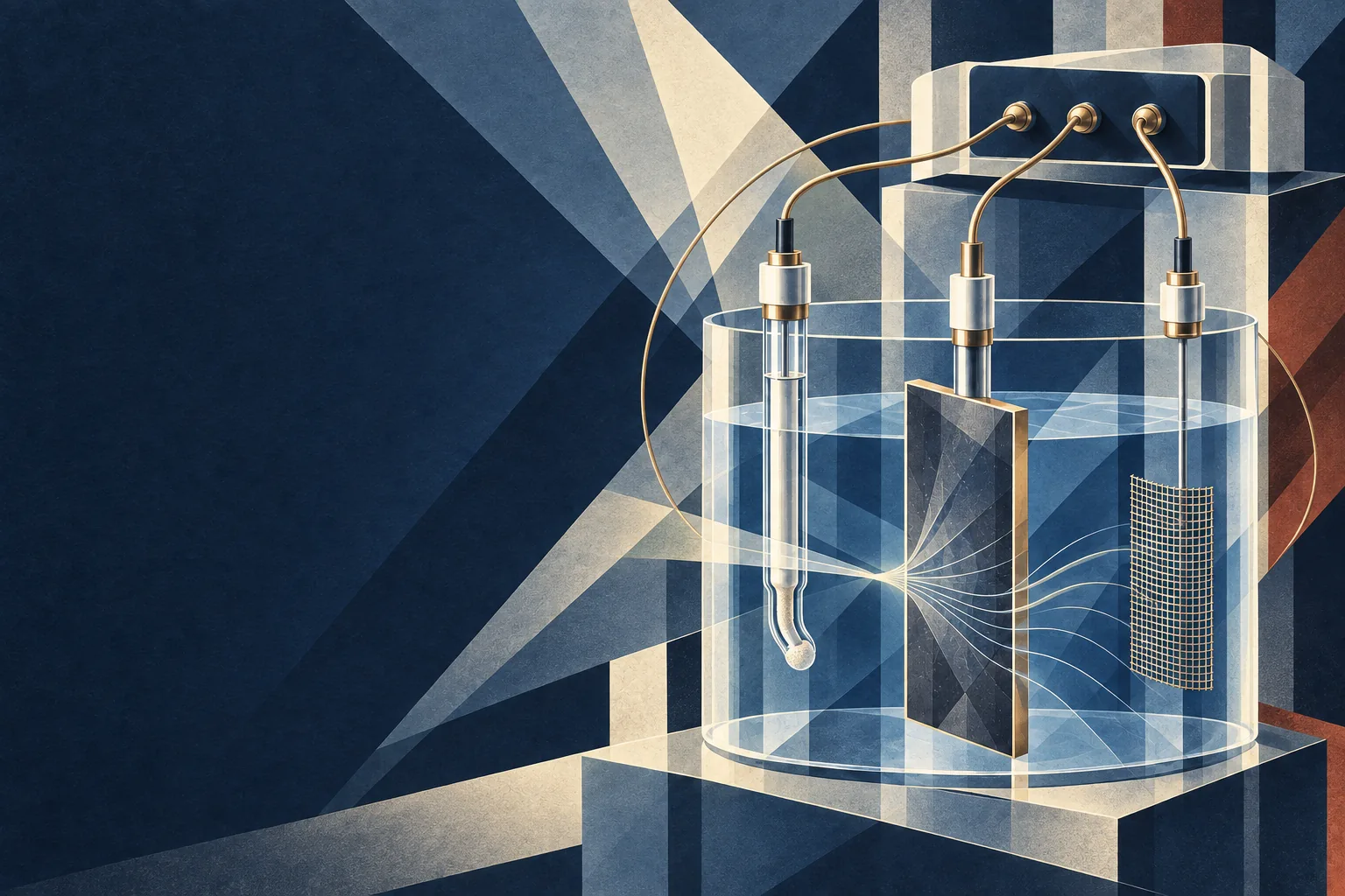 Art Deco–Cubist illustration of a three-electrode electrochemical cell with a working electrode, reference electrode, and counter electrode
