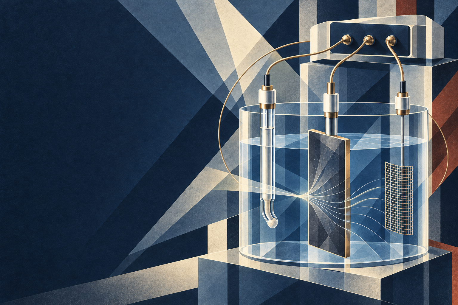 Art Deco–Cubist illustration of a three-electrode electrochemical cell with a working electrode, reference electrode, and counter electrode